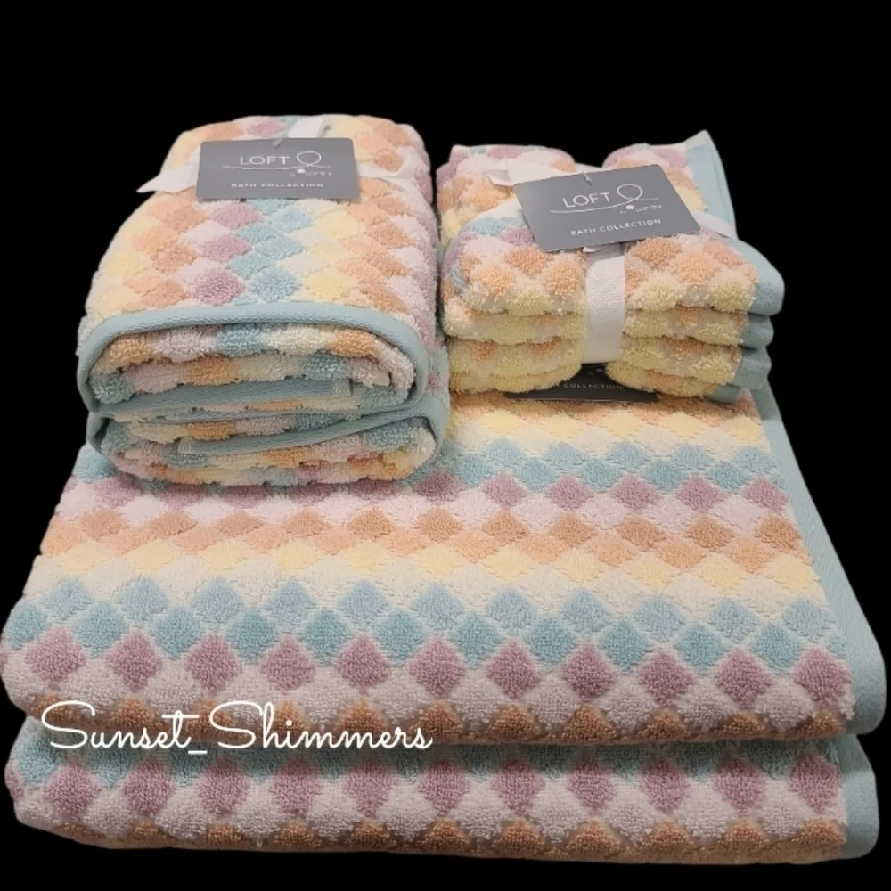 8pc Loft Summer Pastel Rainbow Diamond Check Bath Hand Washcloth Towel Set New